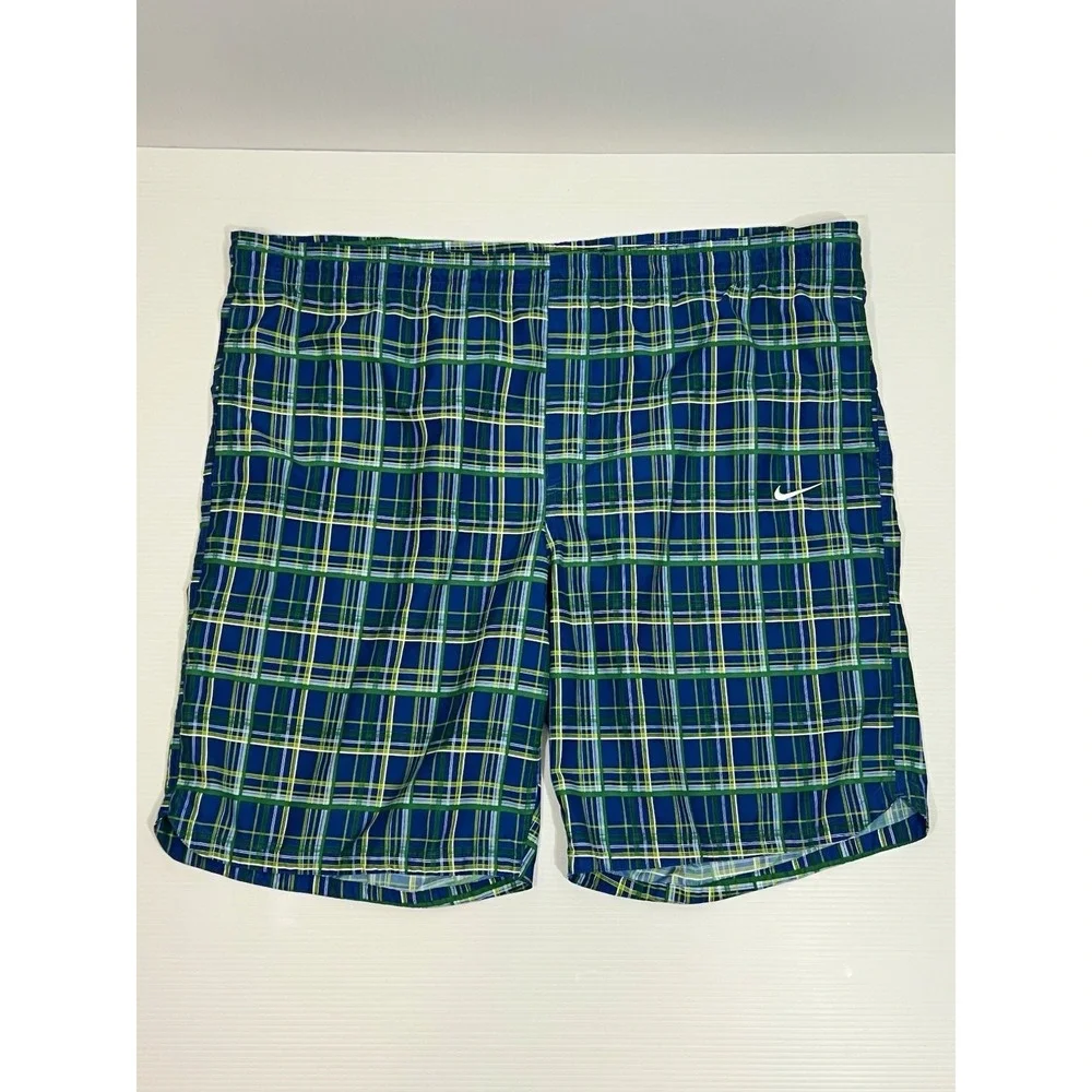 Nike Swoosh‎ Board Shorts Swim Trunks Mens Size XXL Plaid Blue Green Drawstring
